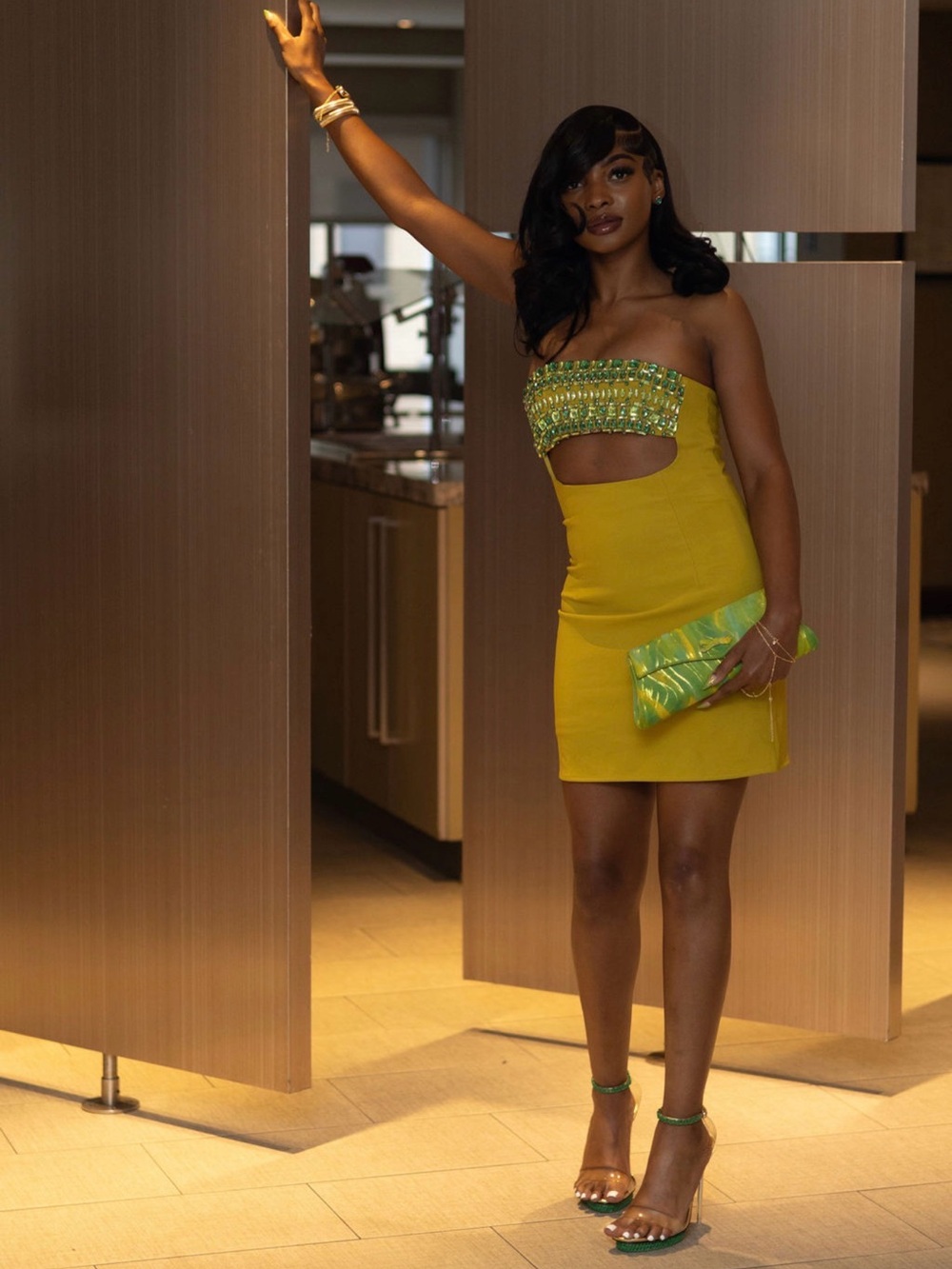 Strapless Cutout Beaded Mini Dress in Mustard Yellow